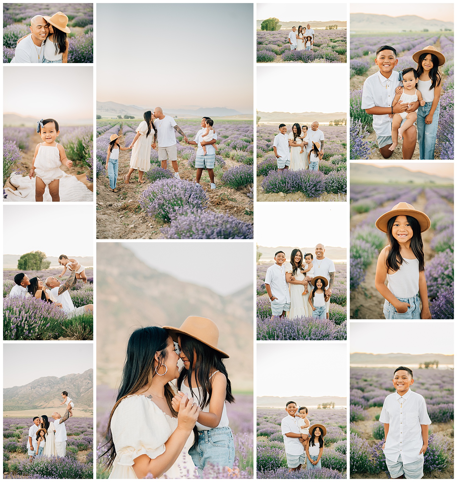 Collage of family pictures at the mona lavender fields. 