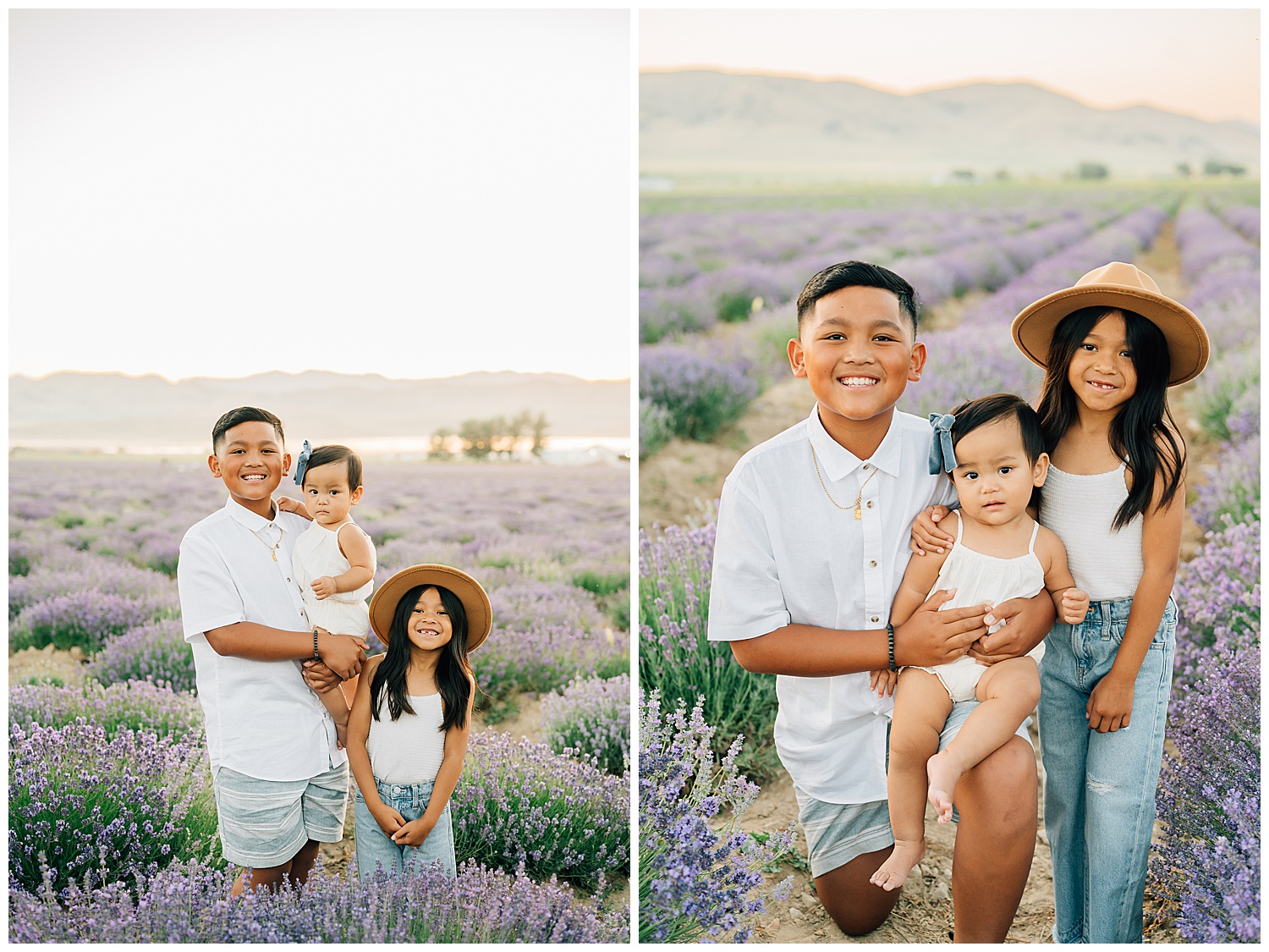 Family picture of three kids at the lavender fields. 