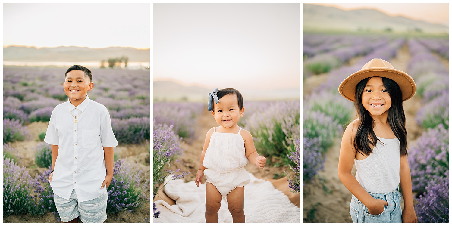 Collage of 3 portraits of children at the lavender fields in Utah. 