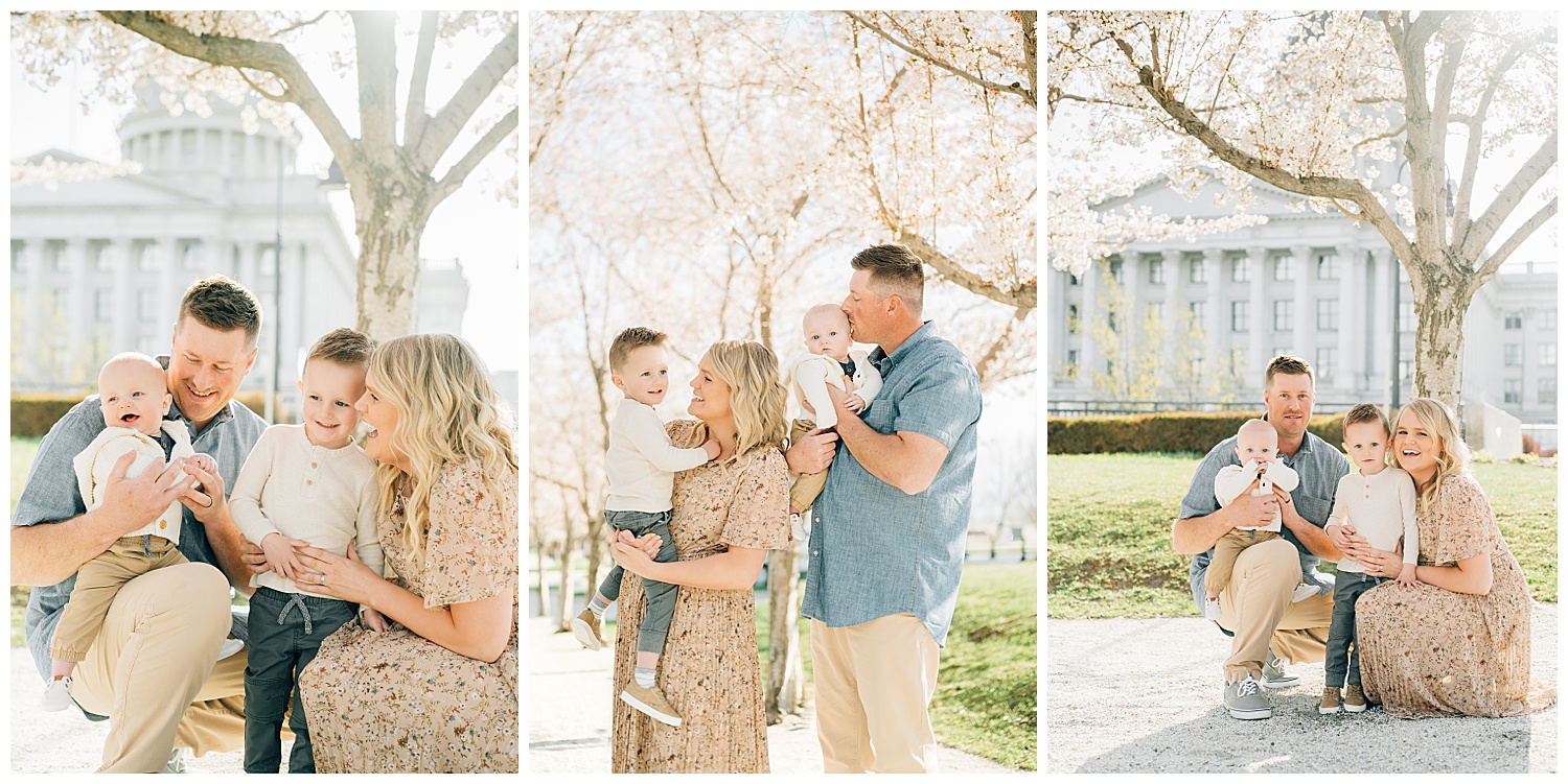 A collage of 3 family pictures at the Utah state capitol. 