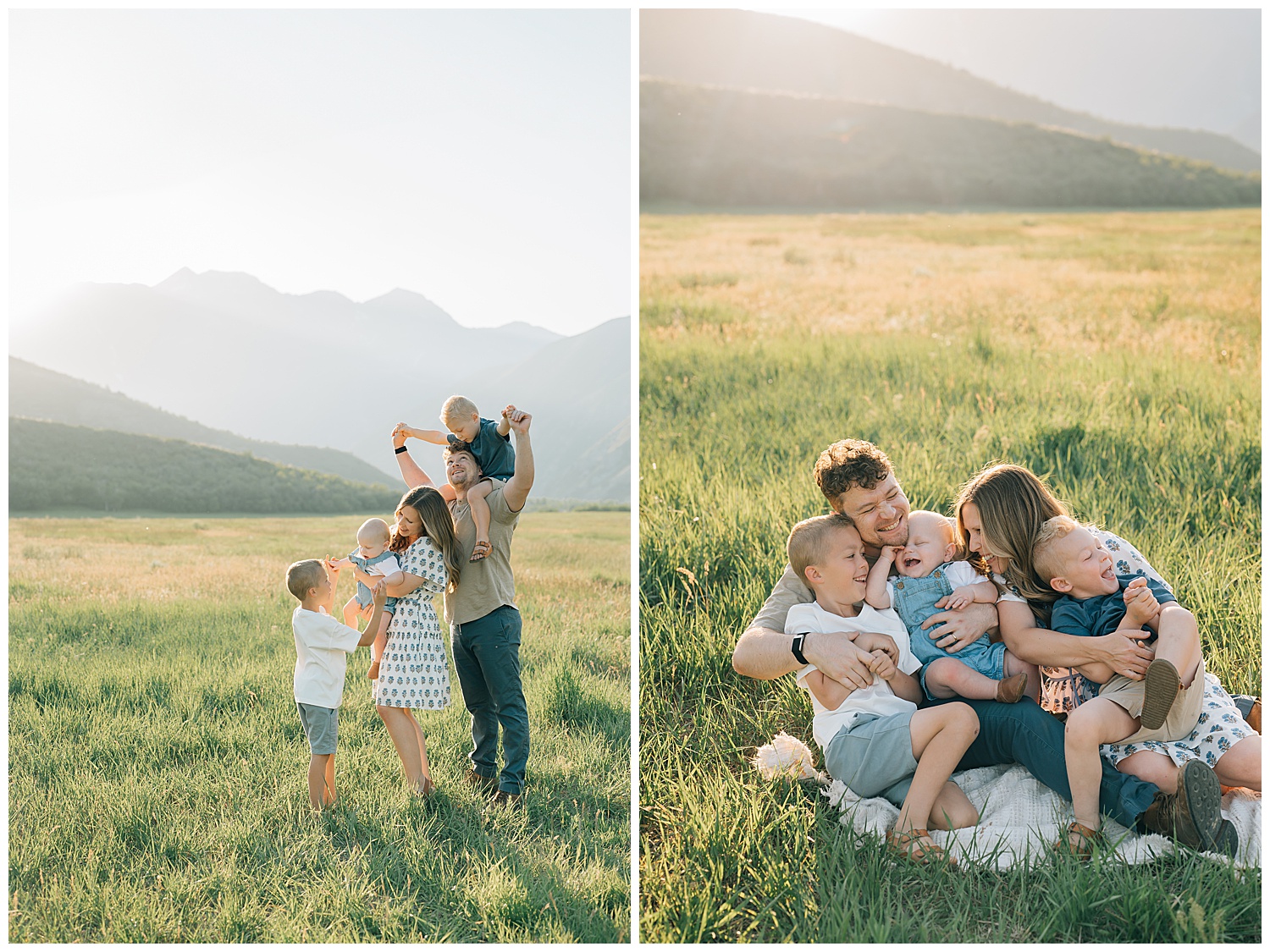 A family snuggled together on a blanket for family pictures in provo.