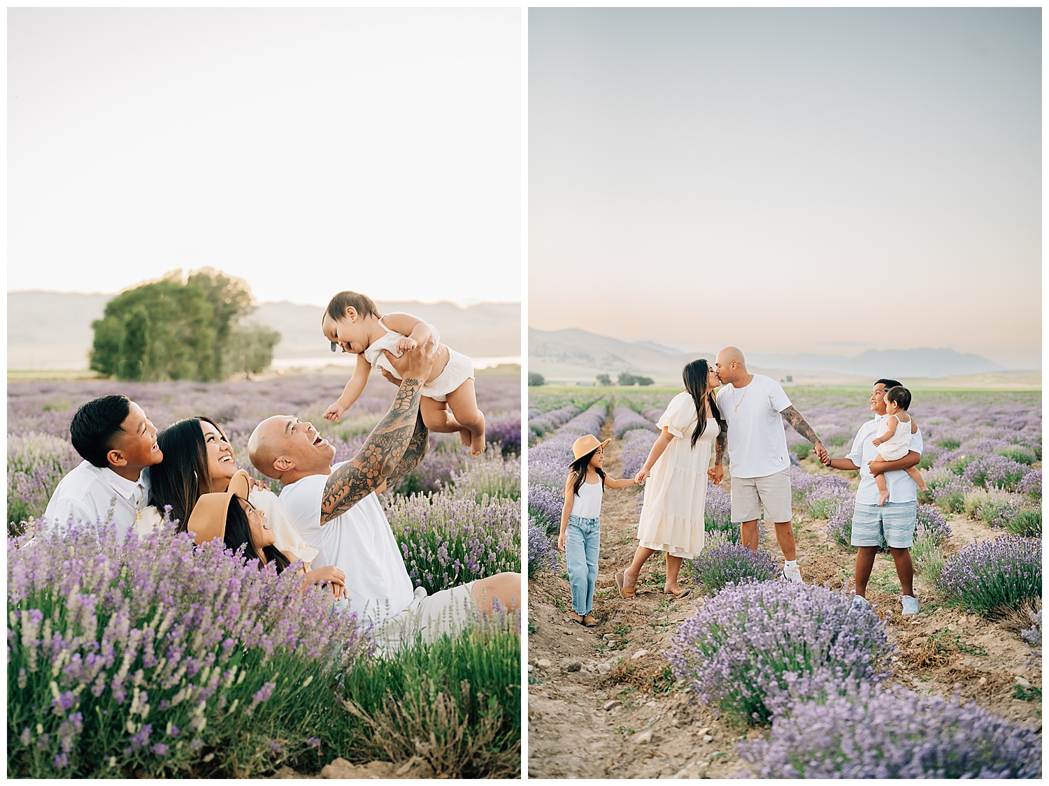 Collage of 2 utah lavender field family pictures, side by side. 