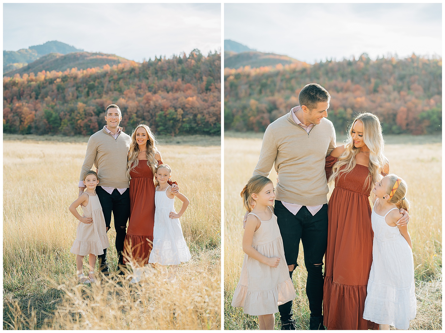 Two fall family pictures in a collage side by side. 