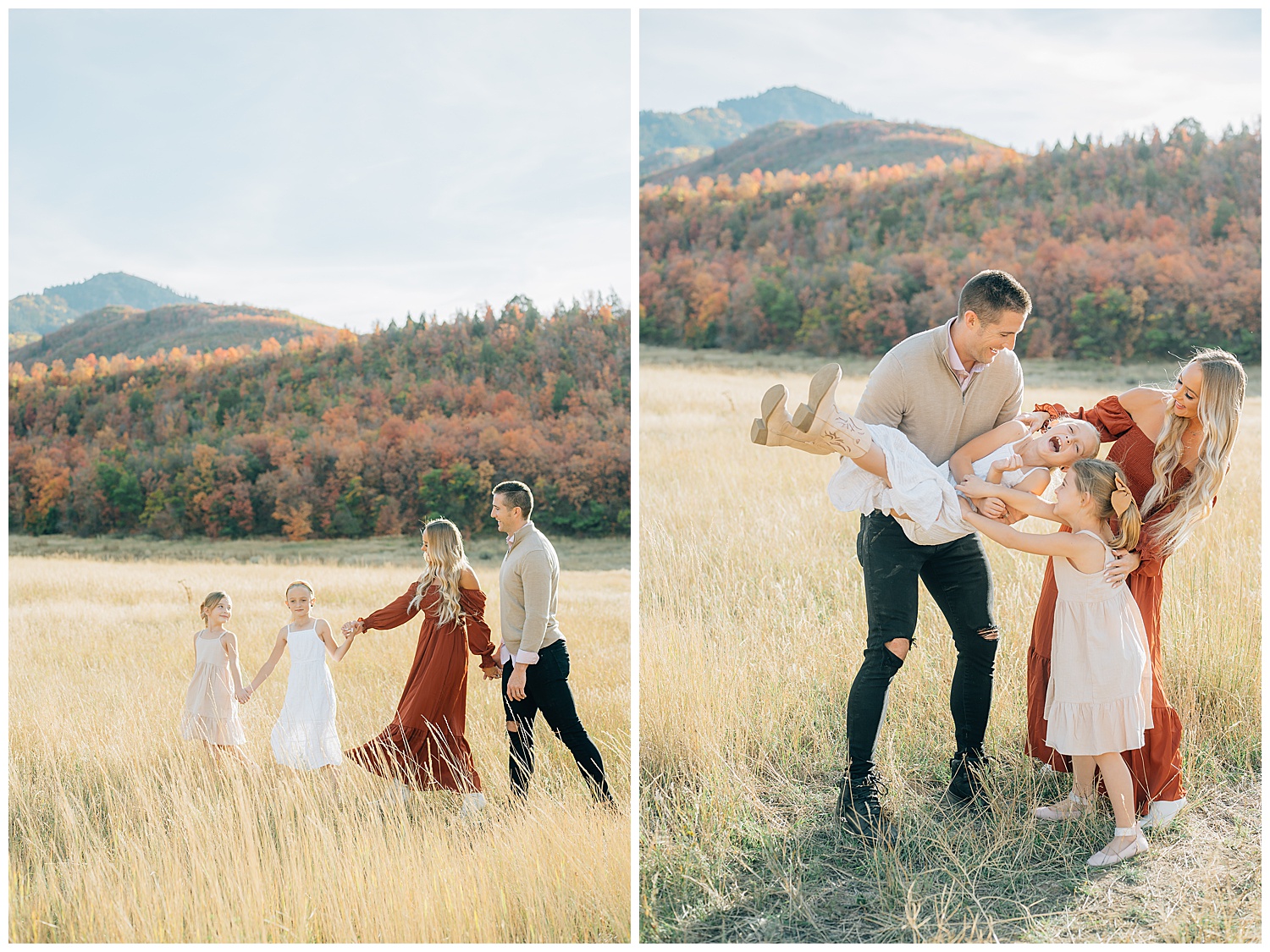 two fall family photos. One where all four family members are holding hands and walking. One where the family is holding one daughter and tickling her. 