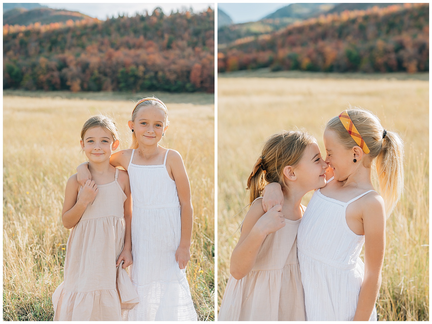 2 images of sisters standing side by side in fall family pictures. 