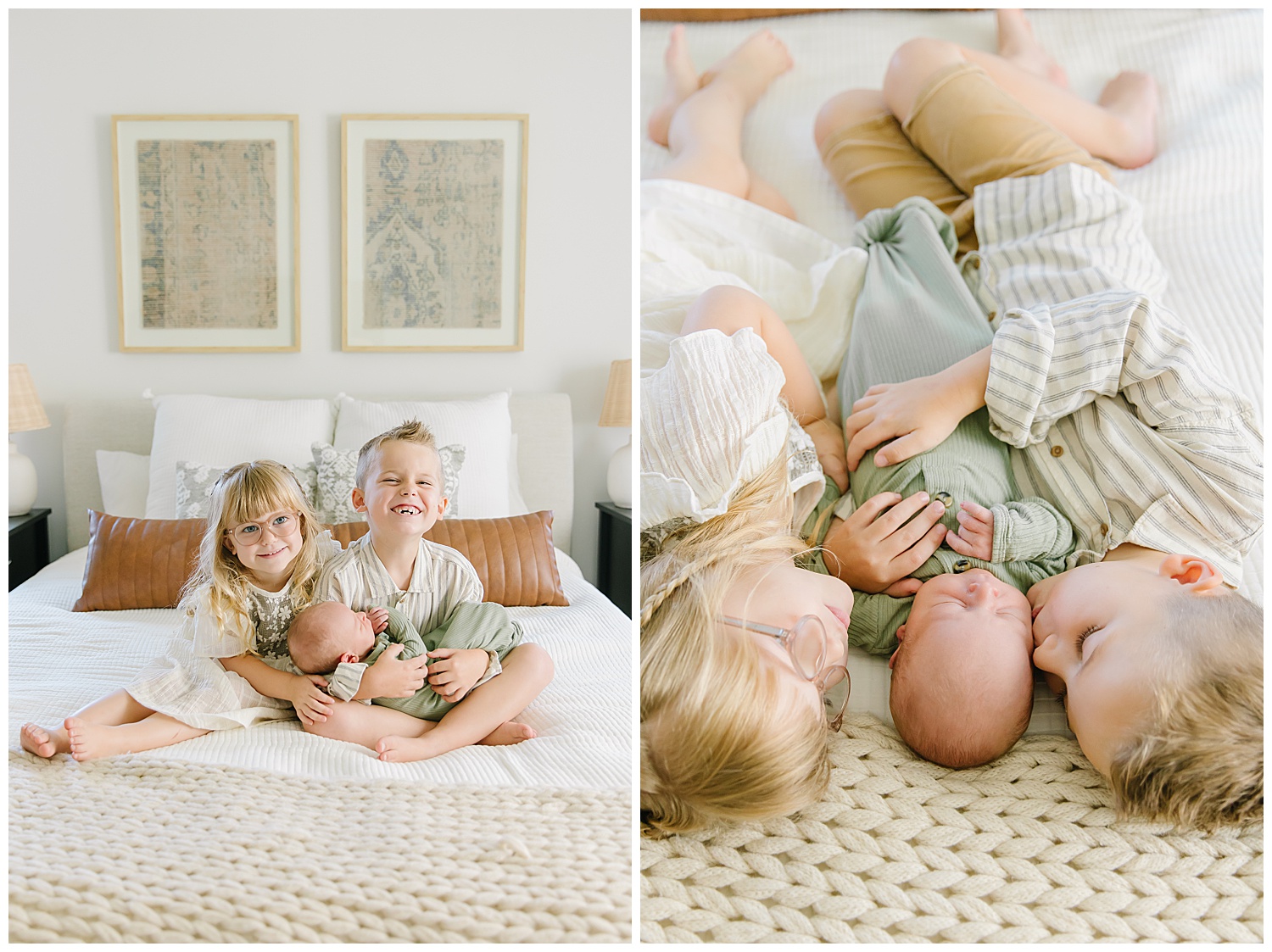 In-home newborn family photography session. Lifestyle family photo with 3 kids.