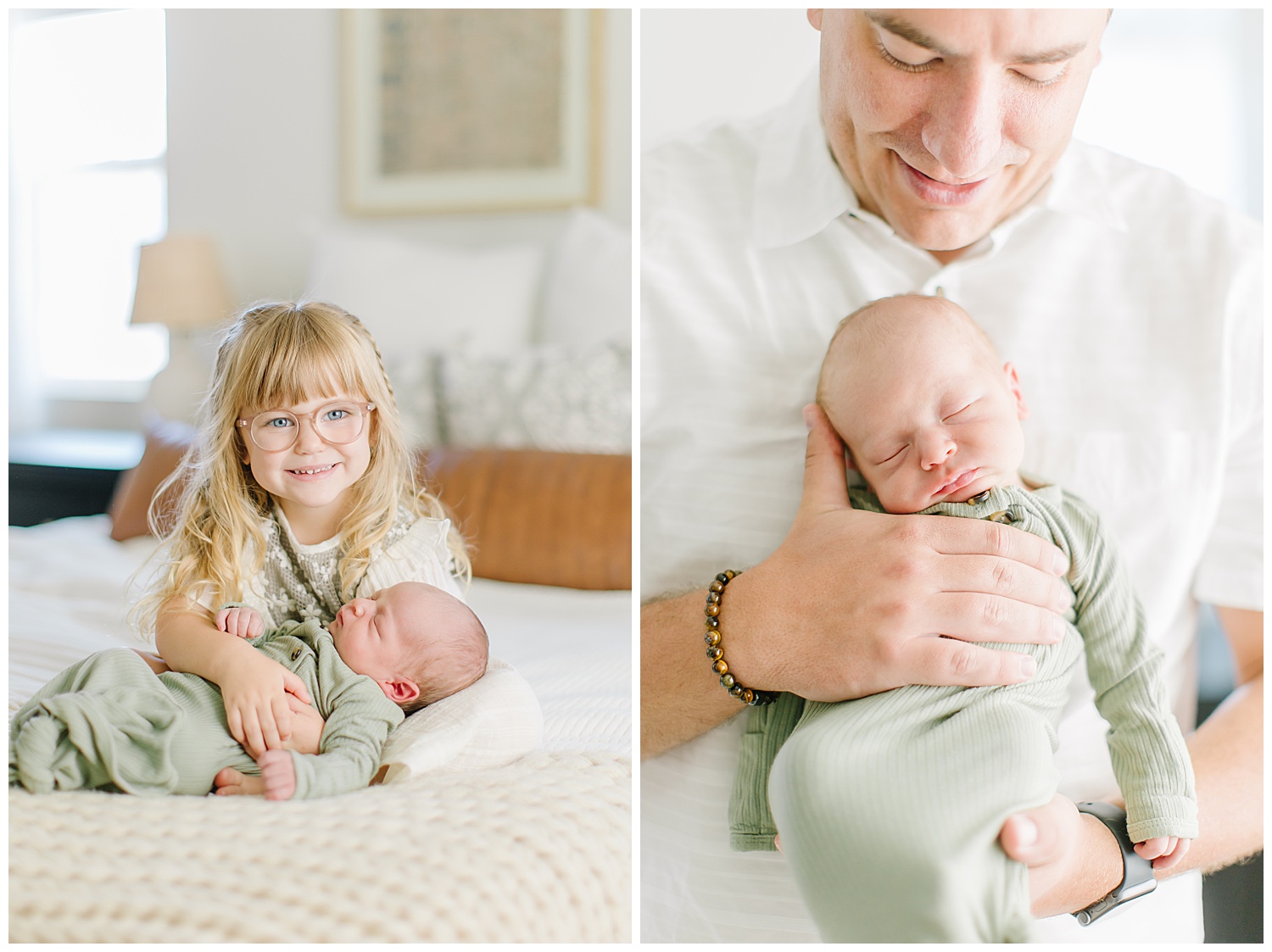 In-home newborn family pictures. Newborn picture with his dad. Newborn with toddler sibling picture. 