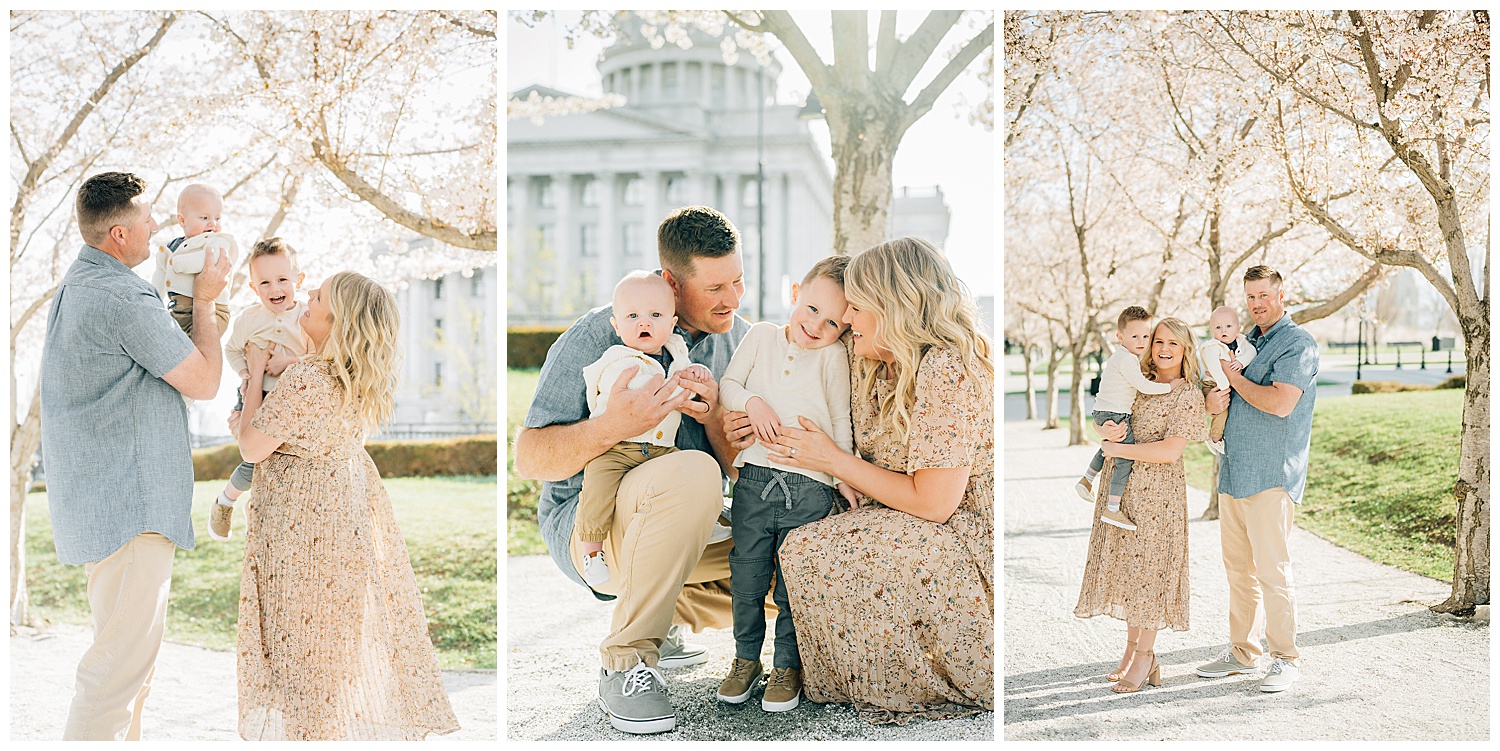 Family pictures at the Utah State Capitol with cherry blossoms. 
