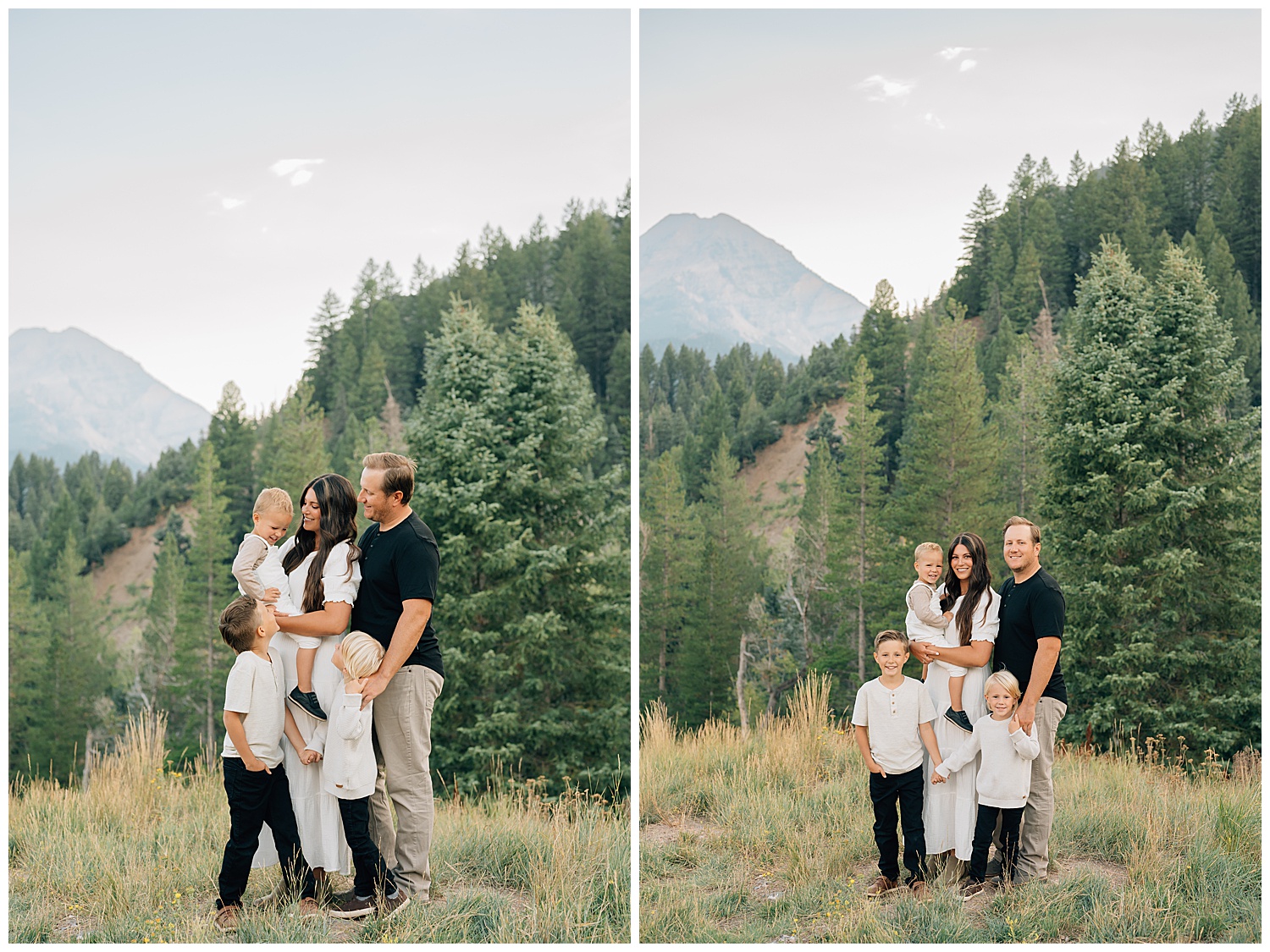A family posed at Tibble Fork up american fork canyon in front of evergreen trees.